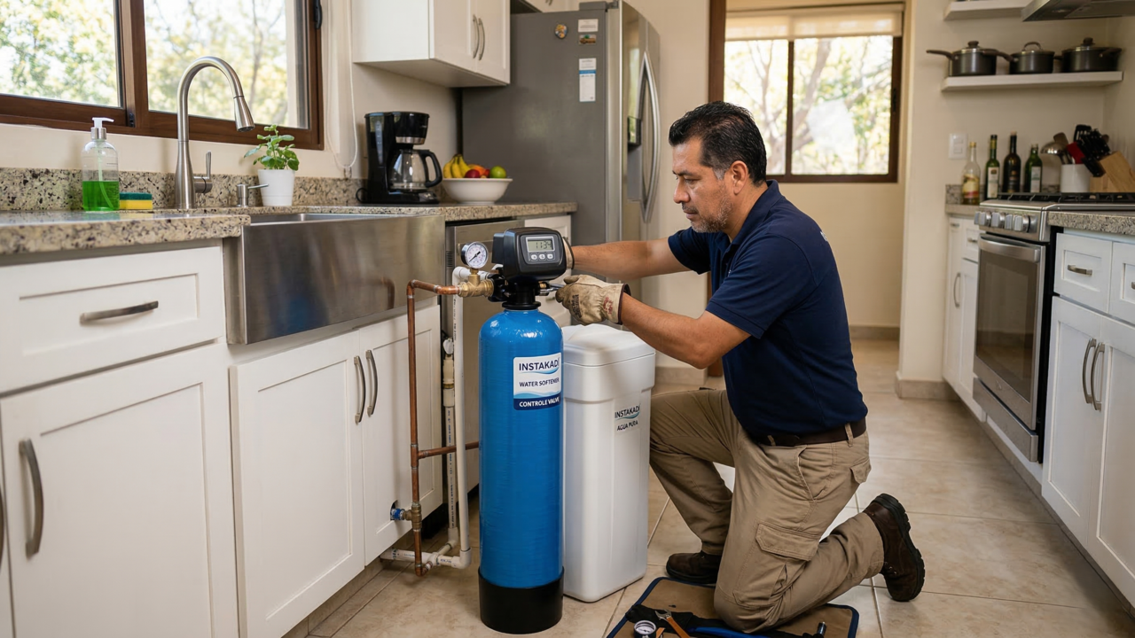 Person manipulating the valve function of a water softener