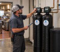 Technician inspecting a commercial water softener near a restaurant kitchen.