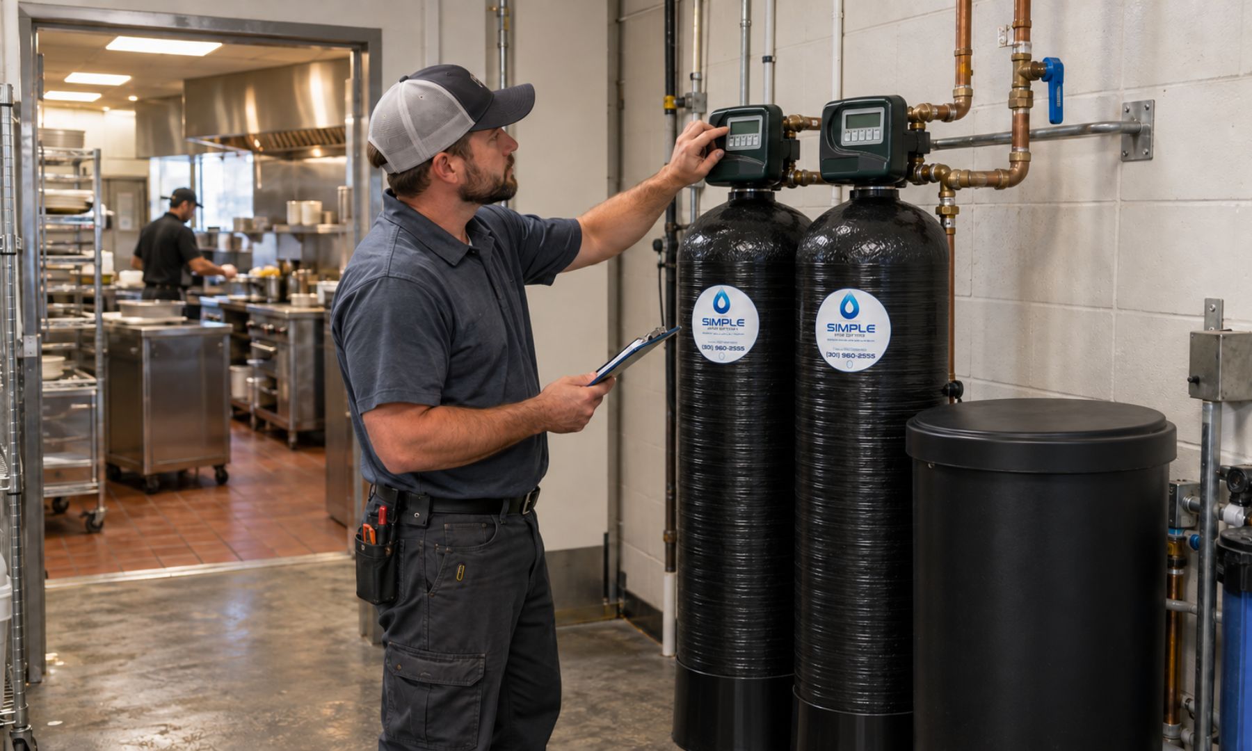 Technician inspecting a commercial water softener near a restaurant kitchen.