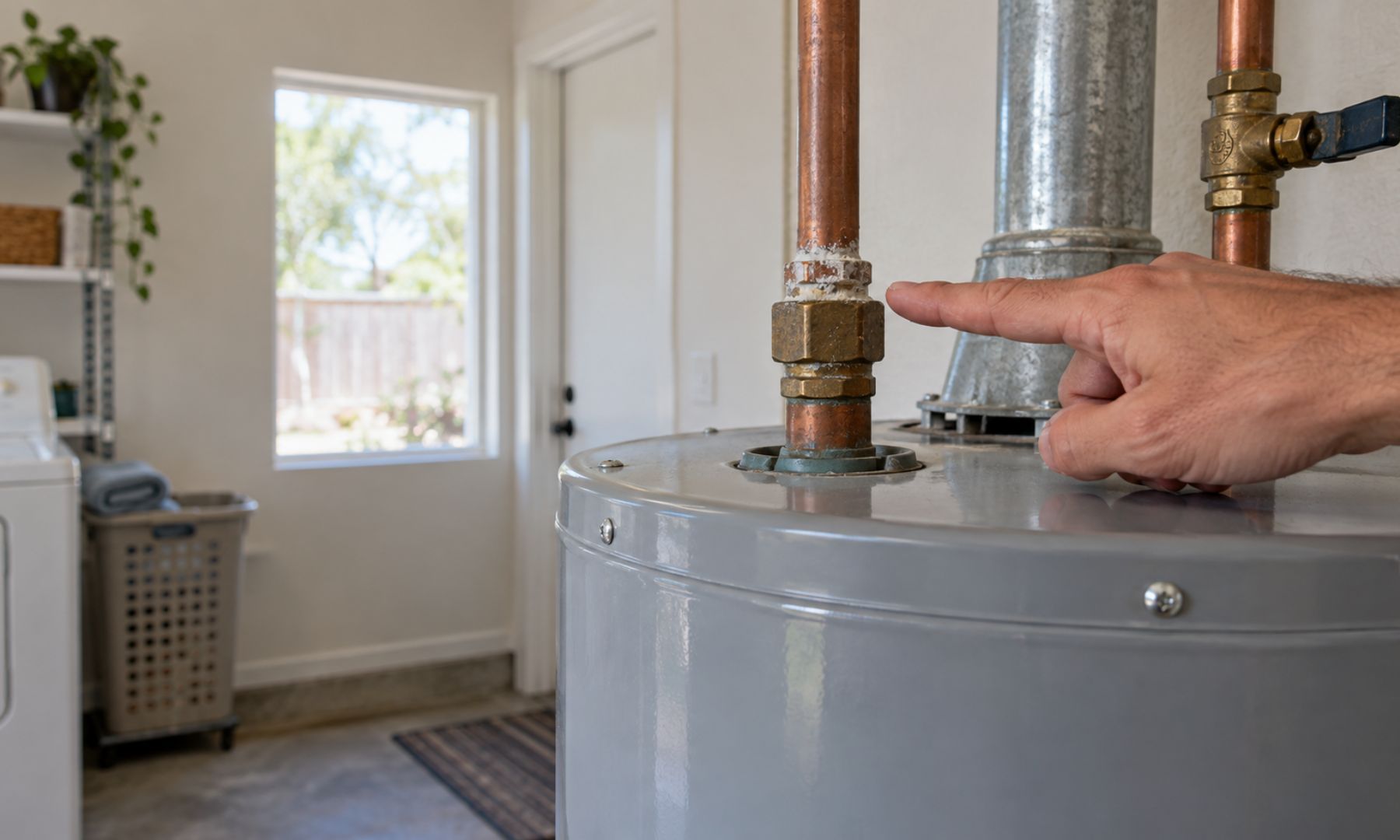 Mineral buildup around a residential water heater pipe fitting.