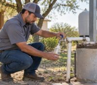 Technician collecting a private well water sample near San Antonio.