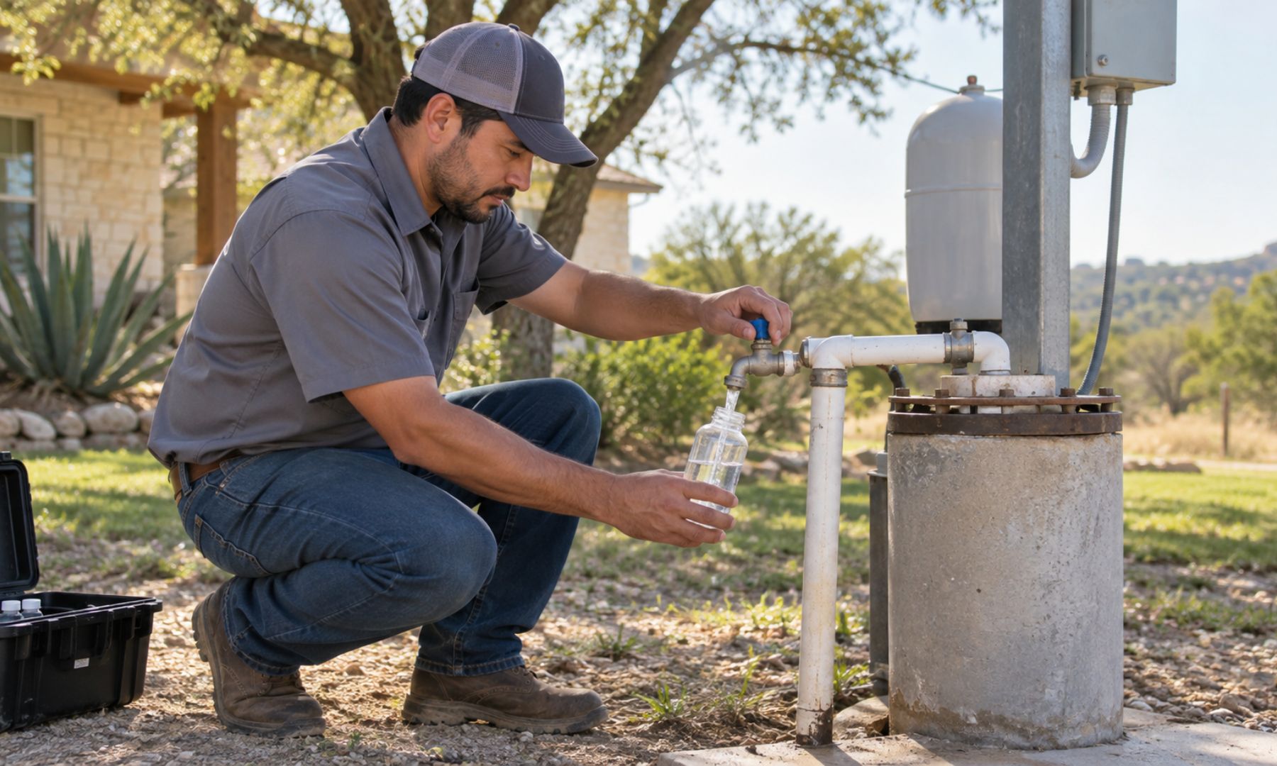 Technician collecting a private well water sample near San Antonio.